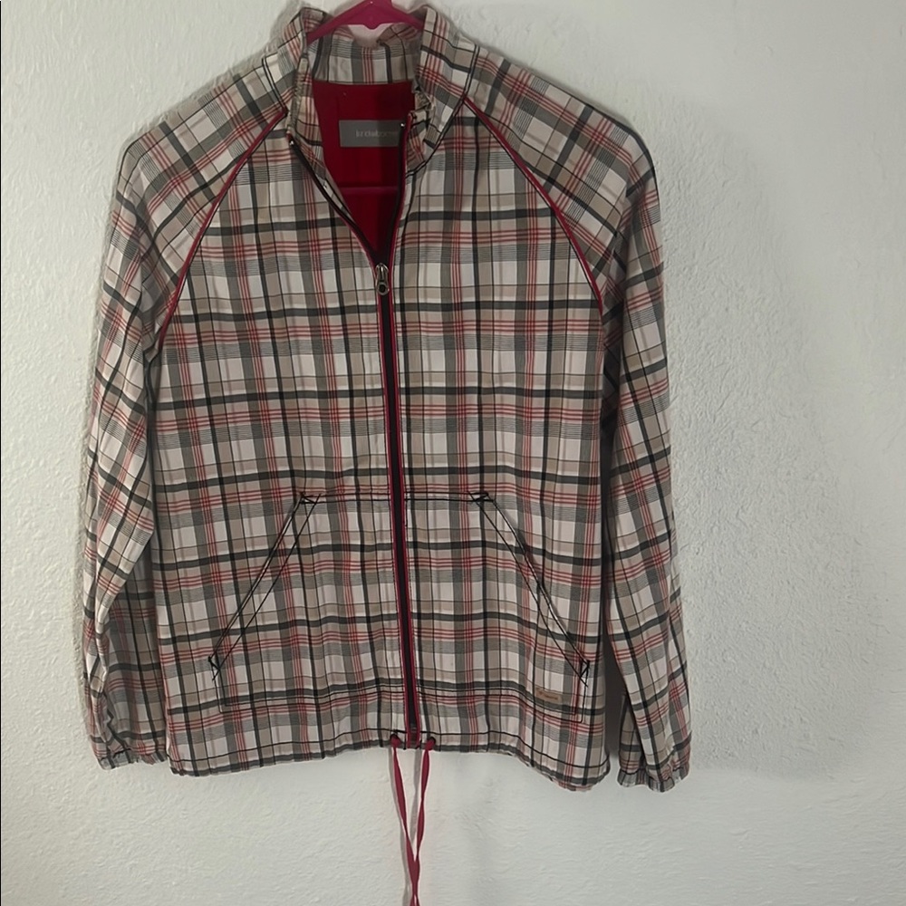 Liz Claiborne Red and White Utility Jacket with Plaid Design
